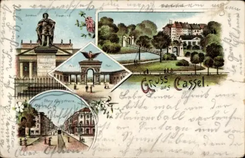 Litho Kassel in Hessen, Denkmal von Friedrich II, obere Königstraße, Aue Tor, Brücke