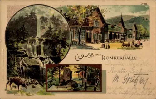 Litho Oker Goslar am Harz, Hotel Romkerhalle, Außenansicht, Pferdekutsche, Waldansicht, Hirsch