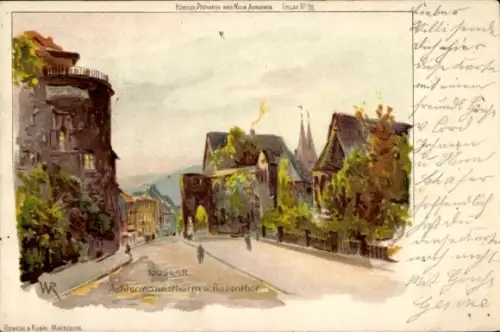 Künstler Litho Goslar in Niedersachsen, Achtermannsturm u. Rosentor, Straßenpartie, Häuserfassaden