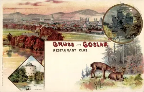 Litho Goslar am Harz, Gesamtansicht, Zwinger, Rehe, Clusfelsen, Restaurant Clus