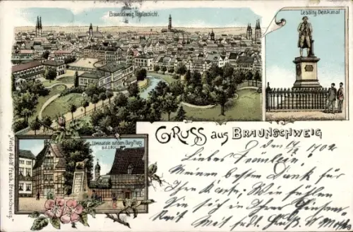 Litho Braunschweig in Niedersachsen, Gesamtansicht, Lessing Denkmal, Löwensäule