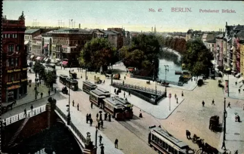 Ak Berlin Tiergarten, Blick auf die Potsdamer Brücke, Straßenbahnen