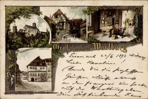 Litho Lutherstadt Eisenach in Thüringen, Wartburg, Burghof, Lutherstube, Luther Haus