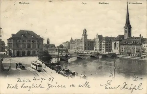 Ak Zürich, Helmhaus, Post, Stadthaus, Fraumünster