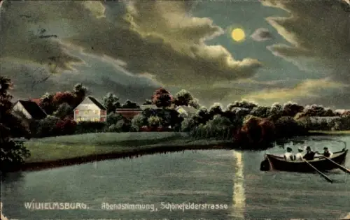 Ak Hamburg Wilhelmsburg, Abendstimmung, Schönefelderstraße, Ruderboot