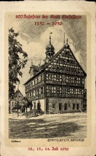 Künstler Ak Bad Staffelstein am Main Oberfranken, 800 Jahrfeier der Stadt 1930, Rathaus, Fachwerk