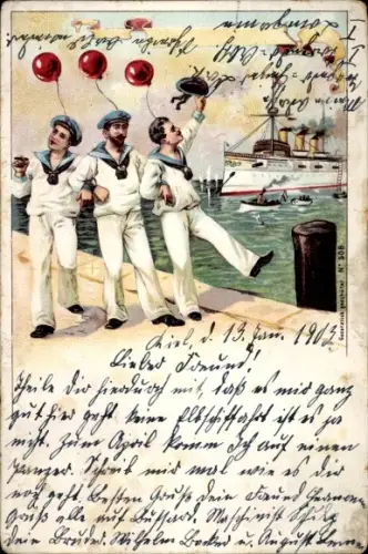 Litho Deutsche Seeleute, Matrosen im Hafen, Luftballons