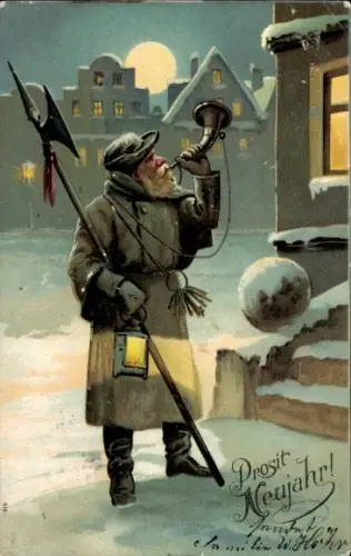 Ak Glückwunsch Neujahr, Nachtwächter bläst ins Horn, Hellebarde, Winter, Schnee