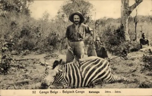 Ganzsachen Ak Katanga DR Kongo Zaire, Jäger, Erlegtes Tier, Zebra