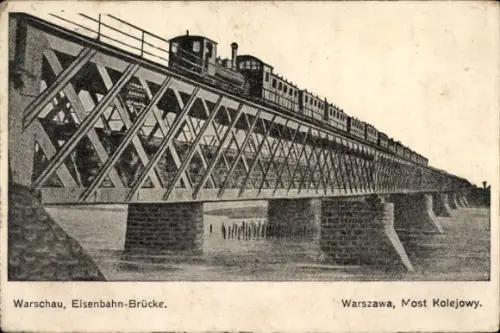 Ak Warszawa Warschau Polen, Eisenbahnbrücke, Dampflok