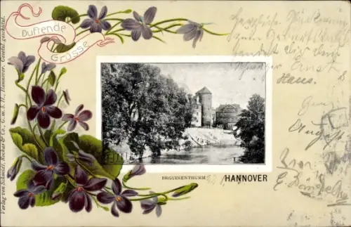 Passepartout Ak Hannover, Beguinenturm, duftende Grüße, Veilchen