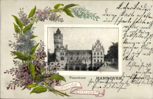 Passepartout Ak Hannover, Wasserkunst, duftende Grüße, Flieder