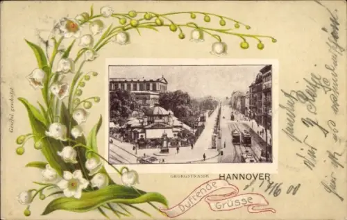 Passepartout Ak Hannover, Georgstraße, duftende Grüße, Maiglöckchen