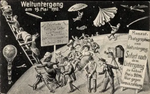 Ak Weltuntergangskarte 1910, Halleyscher Komet, Fotoapparat, Fallschirm, Ballon