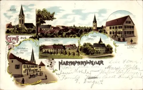 Litho Hartmannswiller Hartmannsweiler Elsass Haut Rhin, Schloss, Gemeindehaus, Schule