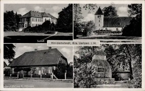 Ak Holdenstedt Uelzen in Niedersachsen, Schloss, Kirche, Kriegerdenkmal, Geschäftshaus