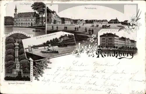 Litho Rendsburg Schleswig Holstein, Paradeplatz, Infanterie Kaserne, Lornsen Denkmal, Postamt
