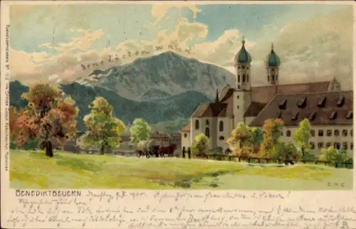 Litho Benediktbeuern in Oberbayern, Gesamtansicht