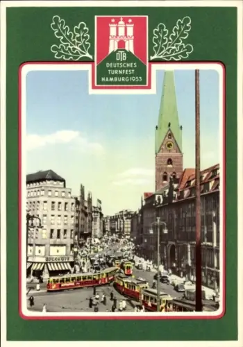 Ak Hamburg Mitte Altstadt, Deutsches Turnfest 1953, Verkehr am Rathaus, Straßenbahnen