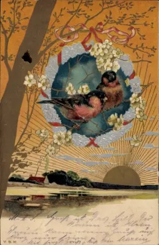 Präge Litho Vögel, silberner Kranz, Blüten, Sonne