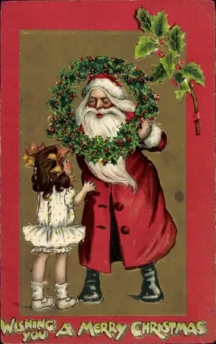 Präge Ak Glückwunsch Weihnachten, Weihnachtsmann, Kind, Stechpalme