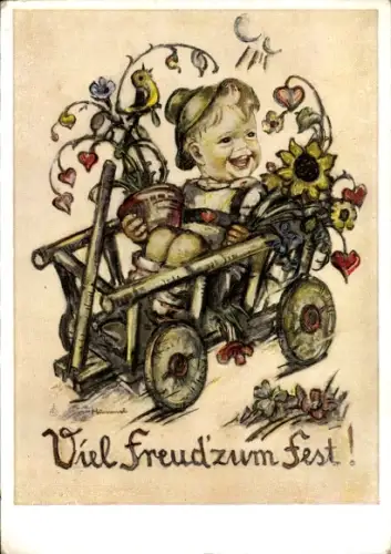 Künstler Ak Hummel, Viel Freud' zum Fest, Karren, Blumen, Vogel Nr. 5944
