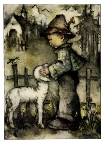 Künstler Ak Hummel, Berta, Junge mit Lamm