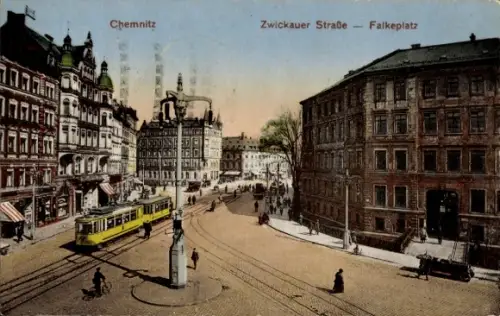 Ak Chemnitz in Sachsen, Zwickauer Straße, Falkeplatz, Straßenbahn