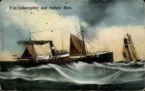 Ak Fischdampfer auf hoher See