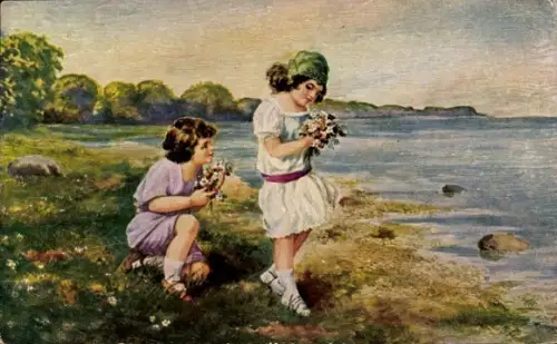 Künstler Ak Kinder am Seeufer, Blumen