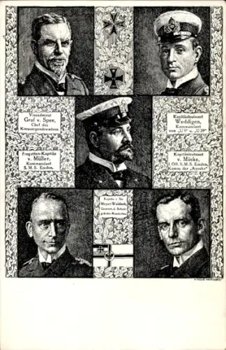 Künstler Ak Vizeadmiral v. Spee, Kapitänleutnant Weddigen, Fregattenkapitän v. Müller, v. Mücke