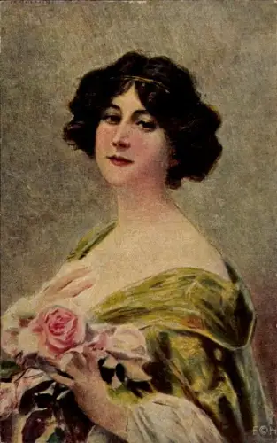Künstler Ak Dame im grünen Kleid, Rosen, Haarreifen