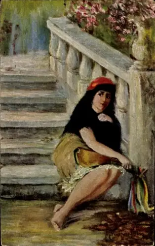 Künstler Ak Frau sitzt auf einer Treppe, Park