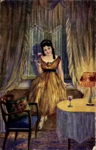 Künstler Ak Junge Frau mit Weinglas, Portrait