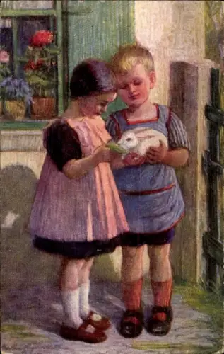 Künstler Ak Zwei Kinder mit Kaninchen