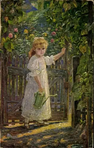 Künstler Ak Garten, Mädchen mit einer Gießkanne