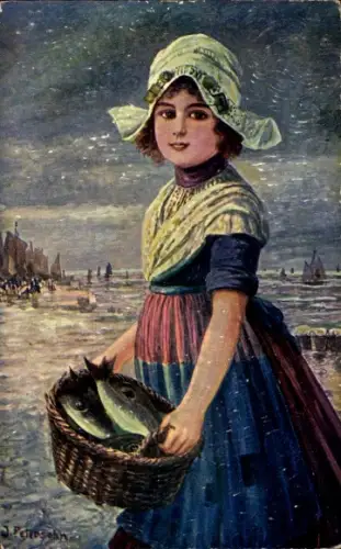 Künstler Ak Petersohn, Mädchen in Niederländischer Tracht, Fischkorb