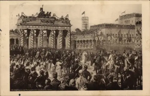 Künstler Ak Camphausen, Berlin Mitte, Einzug der Truppen, Brandenburger Tor, Rotes Kreuz