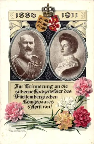 Ganzsachen Künstler Ak Schnorr, König Wilhelm II v. Württemberg, Königin Charlotte, Silberhochzeit