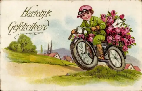 Ak Glückwunsch, Junge fährt Motorrad, Blumen