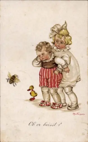 Künstler Ak Baumgarten, Tilly von, Junge, Mädchen, Biene, Küken