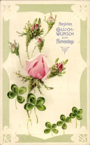 Präge Ak Glückwunsch Namenstag, Klee, Rosen