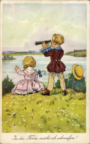 Künstler Ak In die Ferne mocht ich schweifen, Kinder, Fernglas