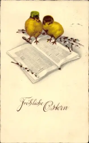Ak Glückwunsch Ostern, Küken, Weidenkätzchen, Zeitung