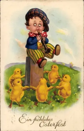 Litho Glückwunsch Ostern, tanzende Küken, Knabe mit Flöte