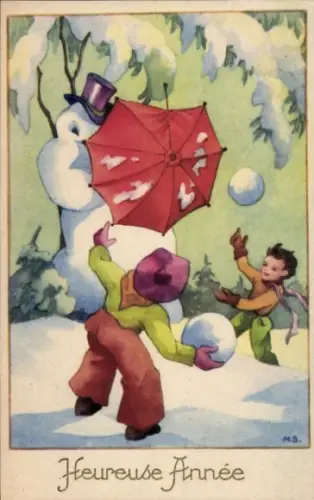 Künstler Ak Glückwunsch Neujahr, Schneemann, Kinder, Schneebälle