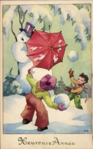 Künstler Ak Glückwunsch Neujahr, Schneemann, Kinder, Schneebälle
