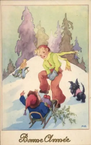 Künstler Ak Glückwunsch Neujahr, Kinder, Schlitten