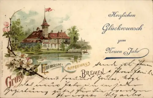 Litho Hansestadt Bremen, Kaffeehaus am Emmasee, Neujahrsglückwunsch