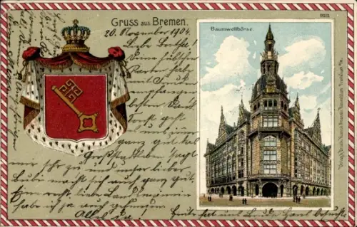 Passepartout Wappen Litho Hansestadt Bremen, Baumwollbörse